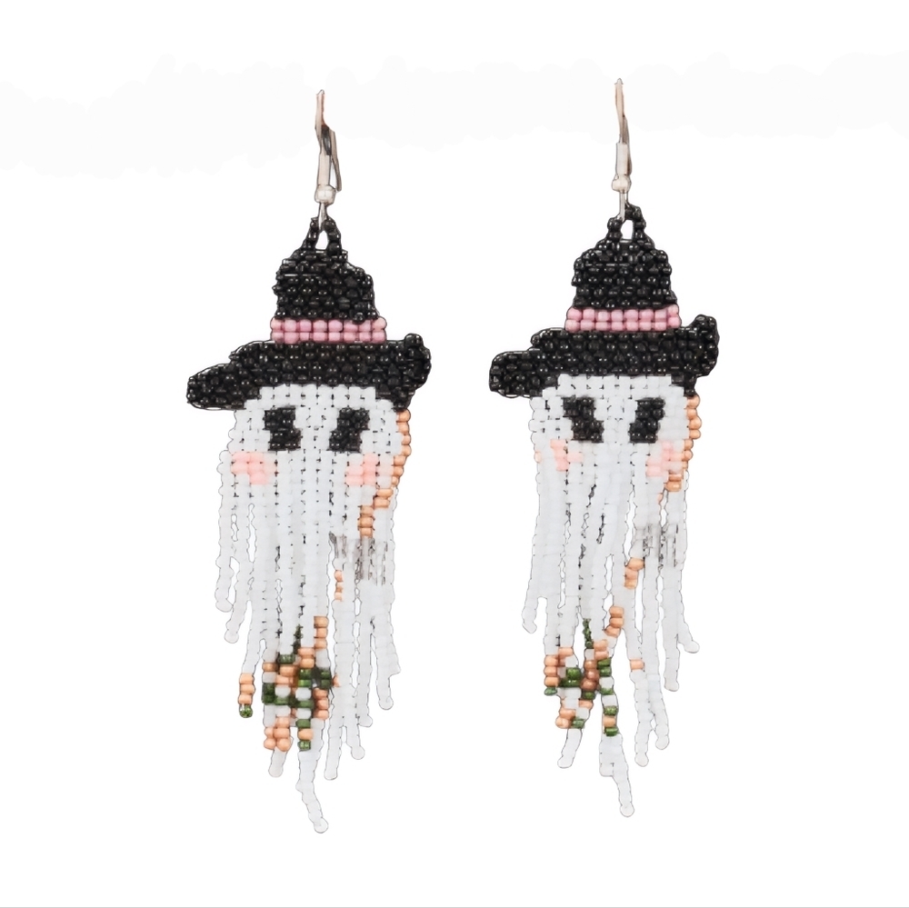 Unisex Halloween Beaded Ghost Earrings Black/White/Pink/Green